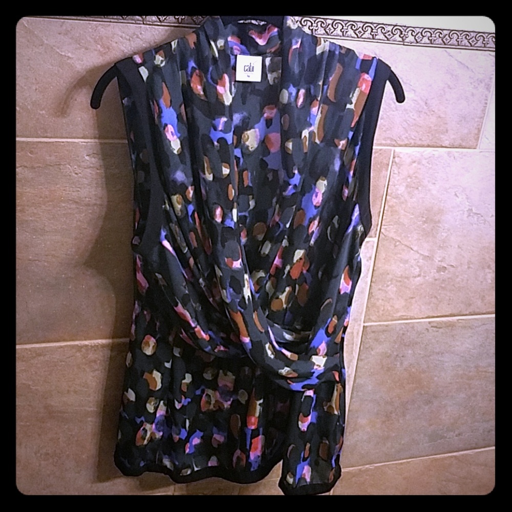 CAbi Top #3077, Faux Wrap blouse, Black/Multi